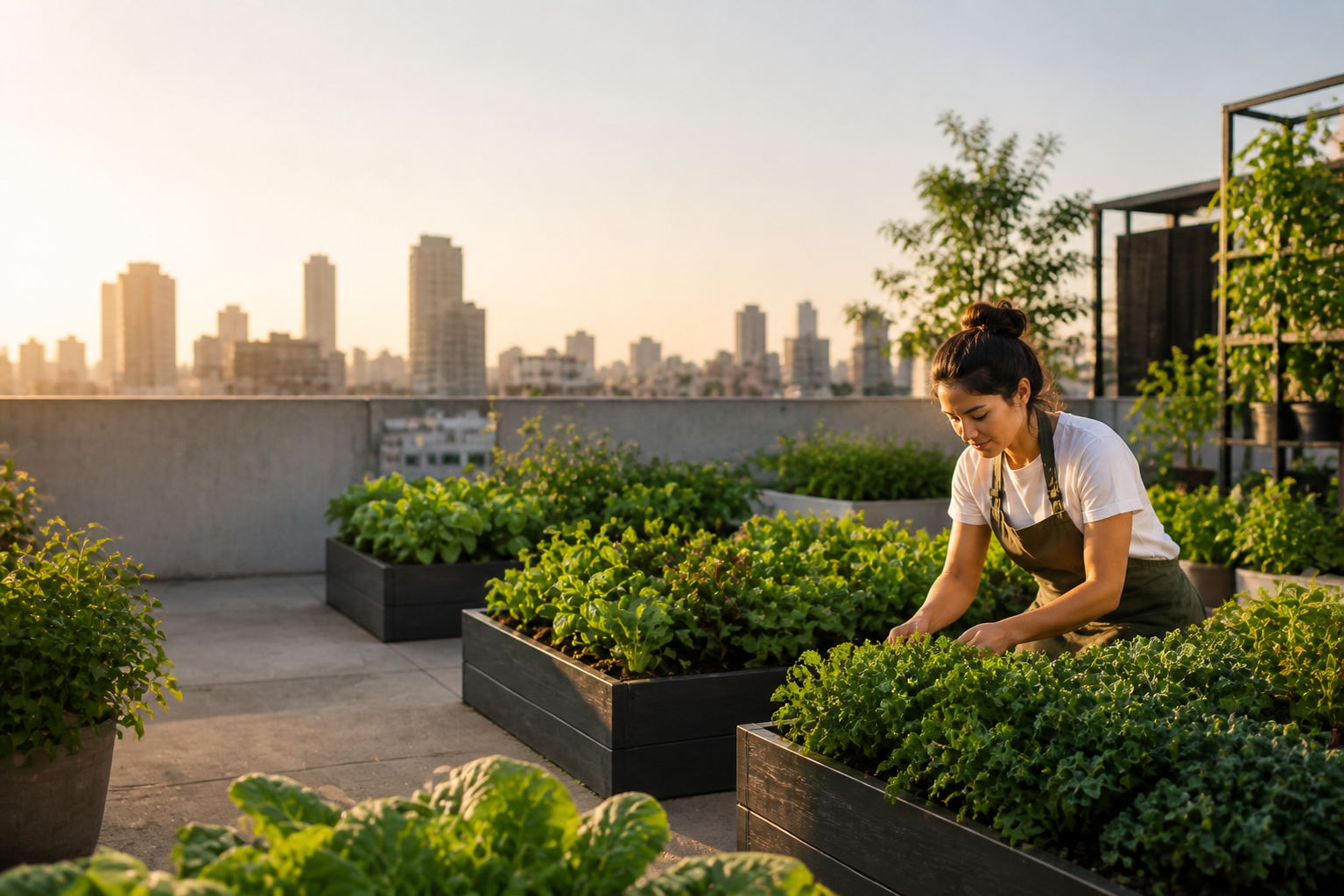 Urban rooftop garden with city skyline in the background