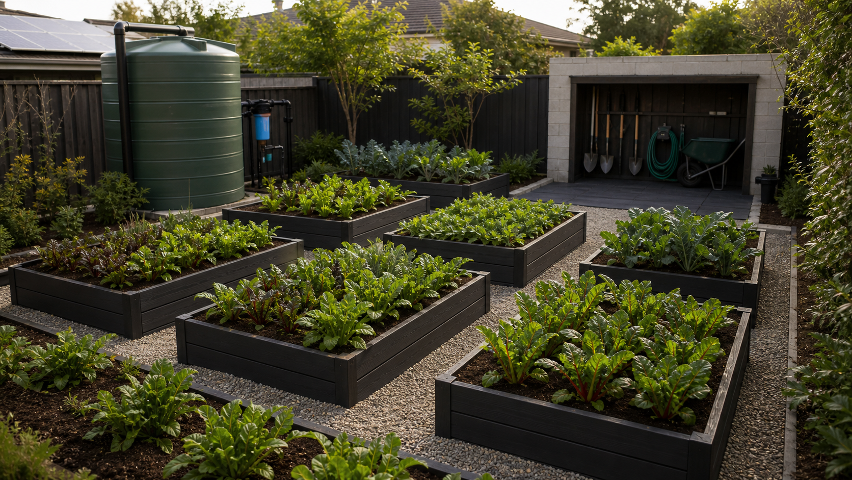 Standalone open raised-bed production node with water tank and access paths