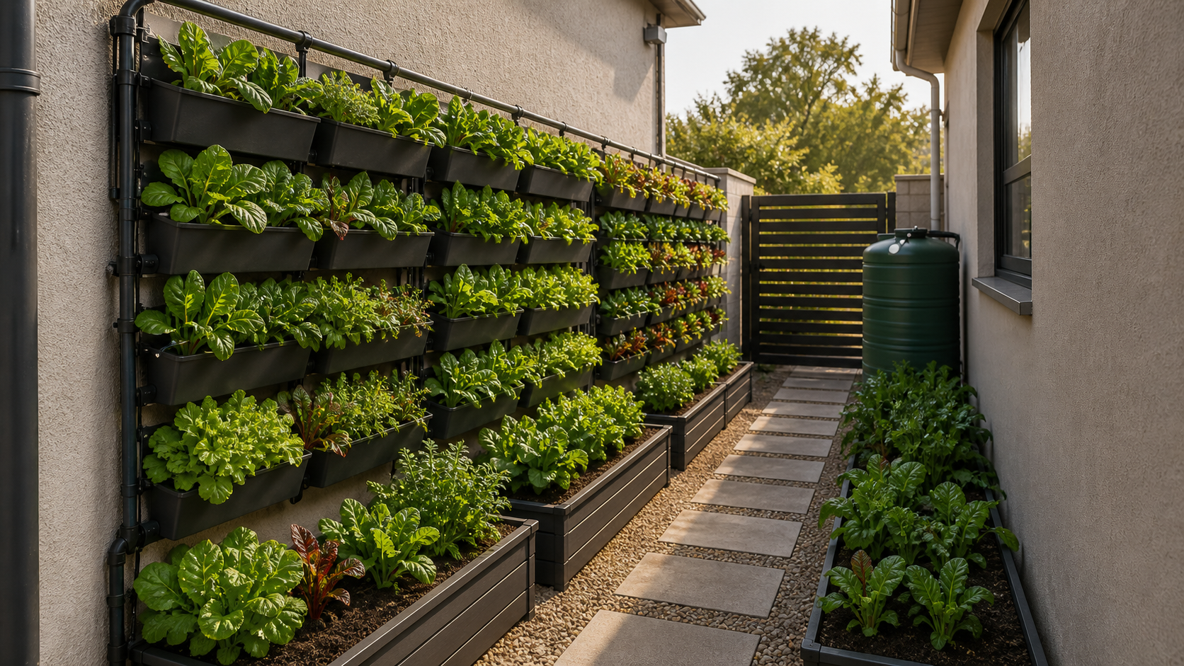 Standalone residential side-passage wall farm with access path and vertical planters